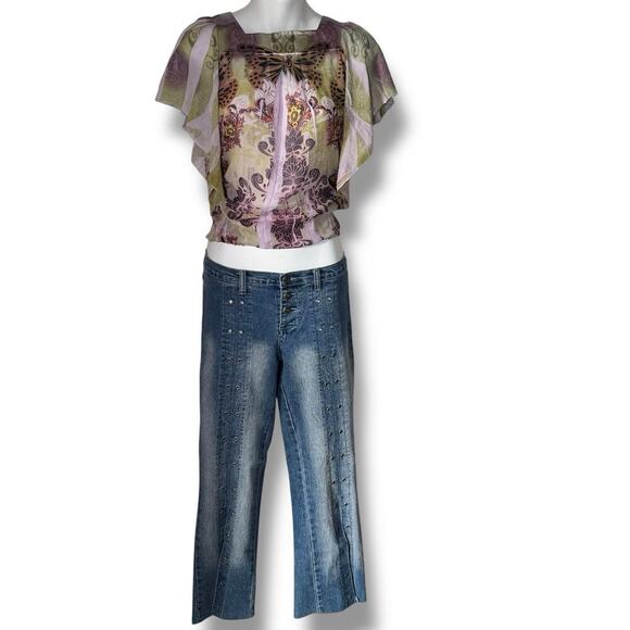 O’lico Split Leg Eyelet Jeans Y2K Light Wash Vintage Denim Size 11 Low Rise - Picture 5 of 10